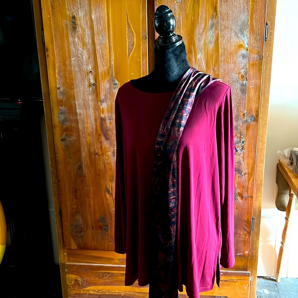 Susan Graver liquid knit top with a scarf